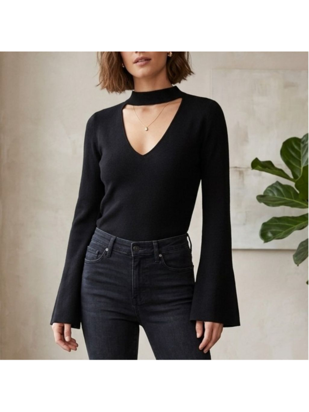 Banana Republic x Olivia Palermo Choker Cutout Knit V Neck Sweater Bell Sleeves
